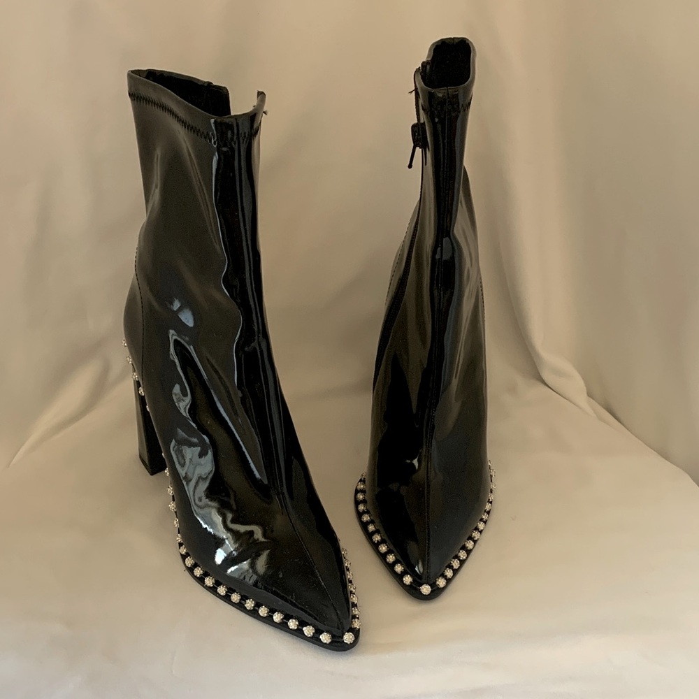 Steve Madden Black Patent Leather Ankle Boots with Studded Detail NWOB